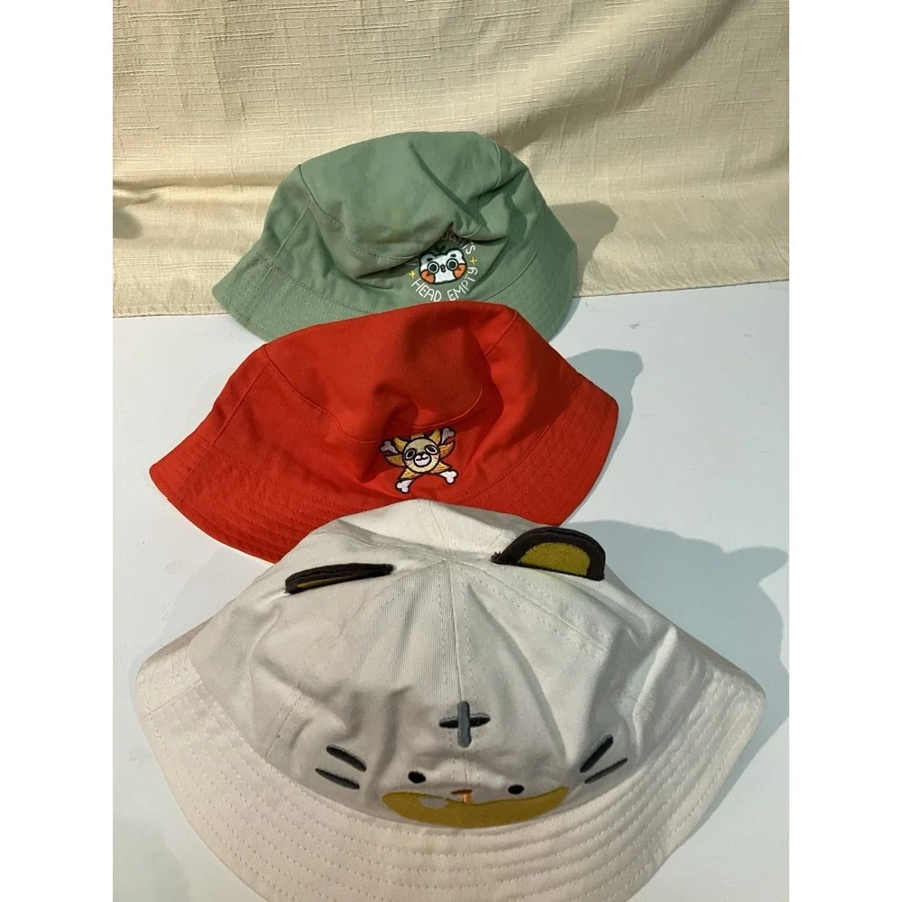 Girls Cartoon Embroidered Cotton Bucket Hats Set - Green, Red, Beige, Breathable